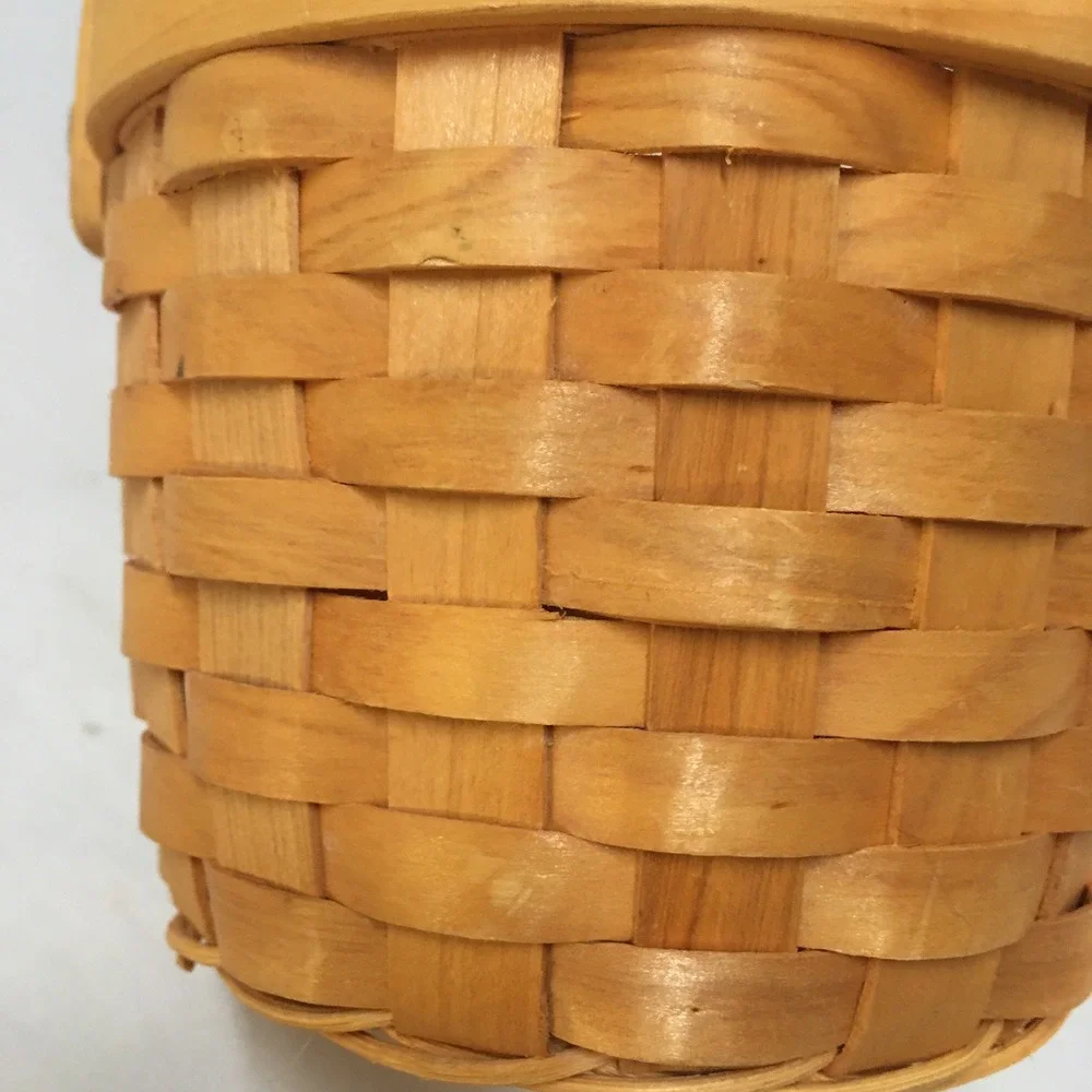 Woven Wood Basket Small Tan Round Handcrafted Swing Handle Decor Cottagecore